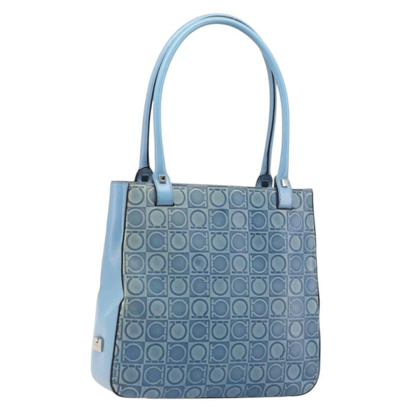 Salvatore Ferragamo Gancini Tote Bag Leather Blue Silver Auth 186850A