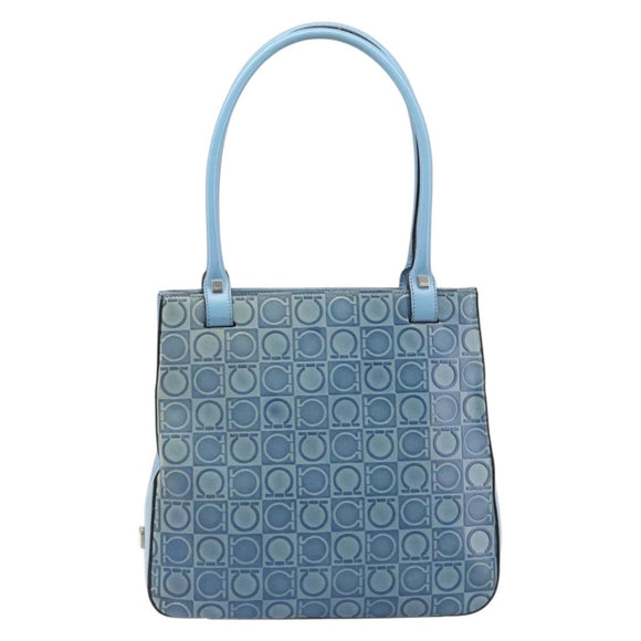 Salvatore Ferragamo Gancini Tote Bag Leather Blue Silver Auth 186850A