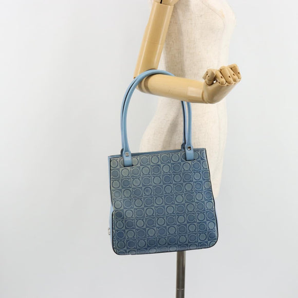 Salvatore Ferragamo Gancini Tote Bag Leather Blue Silver Auth 186850A