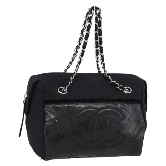 CHANEL Chain Shoulder Bag Canvas Black Silver CC Auth 186855