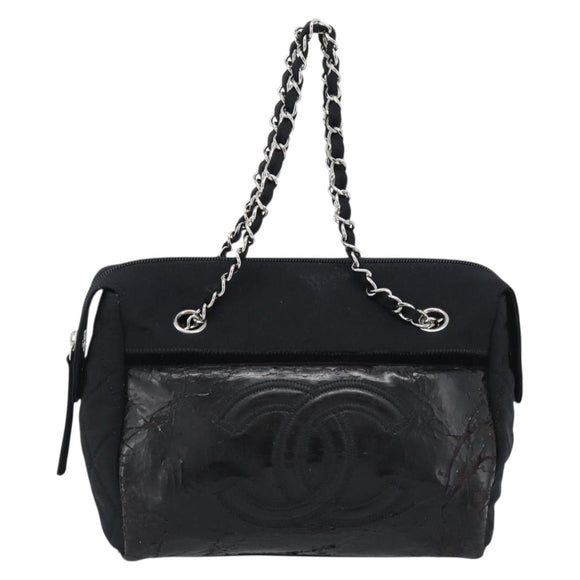 CHANEL Chain Shoulder Bag Canvas Black Silver CC Auth 186855