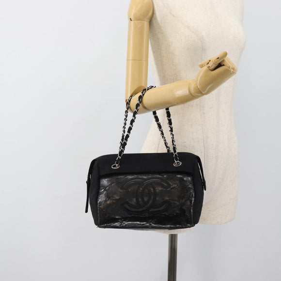 CHANEL Chain Shoulder Bag Canvas Black Silver CC Auth 186855