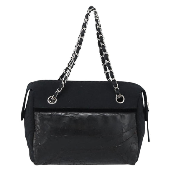CHANEL Chain Shoulder Bag Canvas Black Silver CC Auth 186855