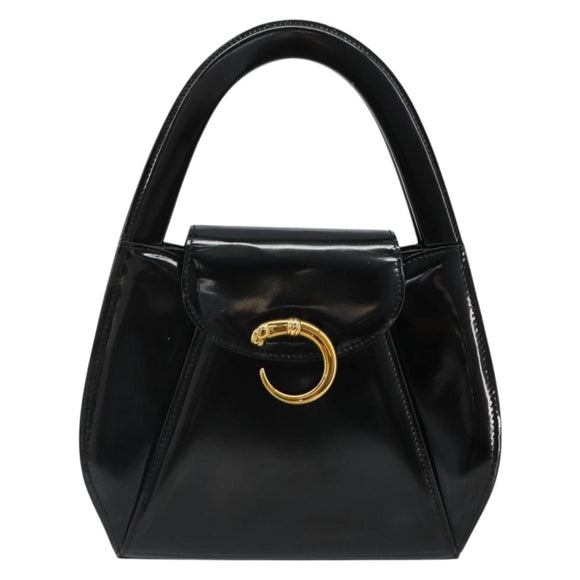 CARTIER PANTHERE Hand Bag Patent leather Black Silver Auth 186858A