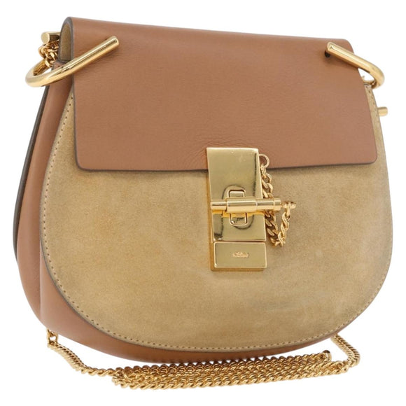 Chloe Drew Chain Shoulder Bag Suede Leather Beige Gold Auth 186862A