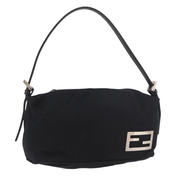FENDI Shoulder Bag Cotton Jersey Black Silver Auth 186864