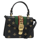 GUCCI Silvi Web Sherry Line Hand Bag Leather 2way Black Gold 470270 Auth 186865V-1