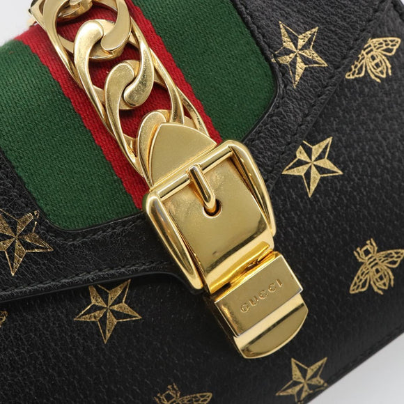GUCCI Silvi Web Sherry Line Hand Bag Leather 2way Black Gold 470270 Auth 186865V