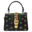 GUCCI Silvi Web Sherry Line Hand Bag Leather 2way Black Gold 470270 Auth 186865V-13