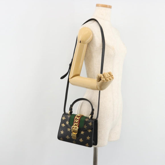 GUCCI Silvi Web Sherry Line Hand Bag Leather 2way Black Gold 470270 Auth 186865V