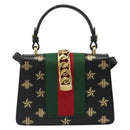 GUCCI Silvi Web Sherry Line Hand Bag Leather 2way Black Gold 470270 Auth 186865V-2