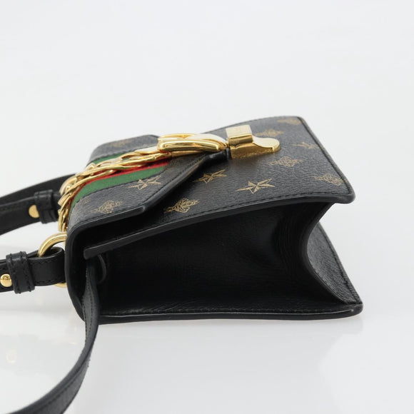GUCCI Silvi Web Sherry Line Hand Bag Leather 2way Black Gold 470270 Auth 186865V
