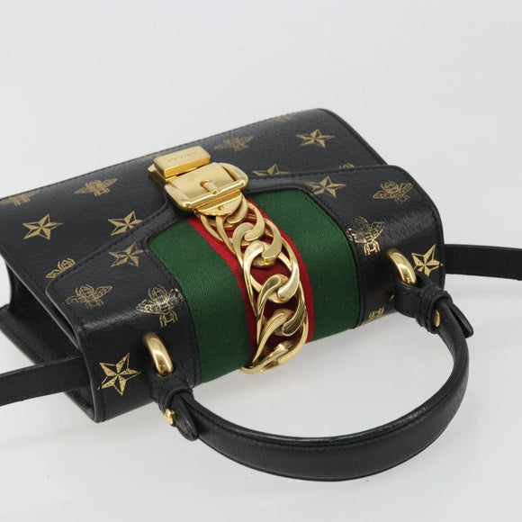 GUCCI Silvi Web Sherry Line Hand Bag Leather 2way Black Gold 470270 Auth 186865V