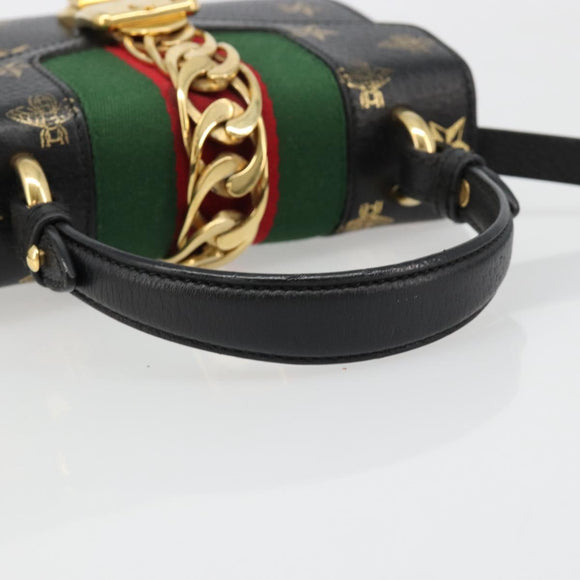 GUCCI Silvi Web Sherry Line Hand Bag Leather 2way Black Gold 470270 Auth 186865V