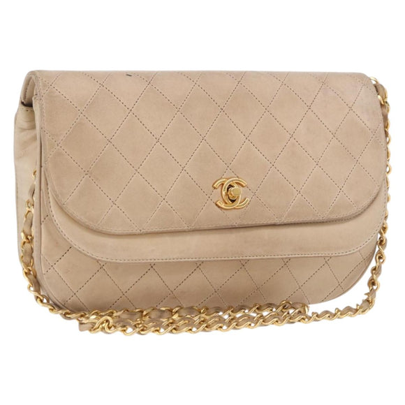 CHANEL Matelasse Chain Shoulder Bag Lamb Skin Beige Gold CC Auth 186875