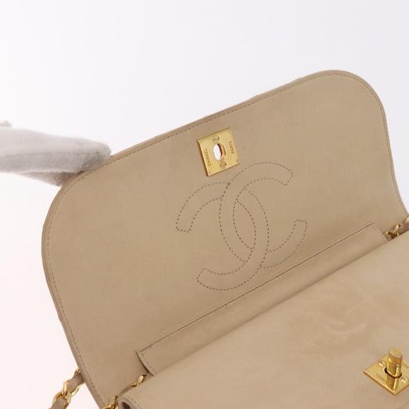 CHANEL Matelasse Chain Shoulder Bag Lamb Skin Beige Gold CC Auth 186875