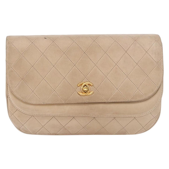CHANEL Matelasse Chain Shoulder Bag Lamb Skin Beige Gold CC Auth 186875