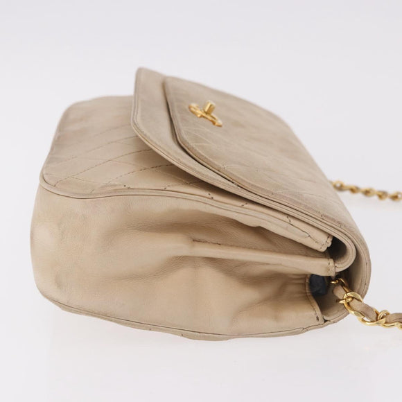 CHANEL Matelasse Chain Shoulder Bag Lamb Skin Beige Gold CC Auth 186875