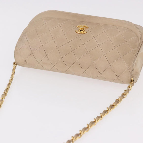 CHANEL Matelasse Chain Shoulder Bag Lamb Skin Beige Gold CC Auth 186875