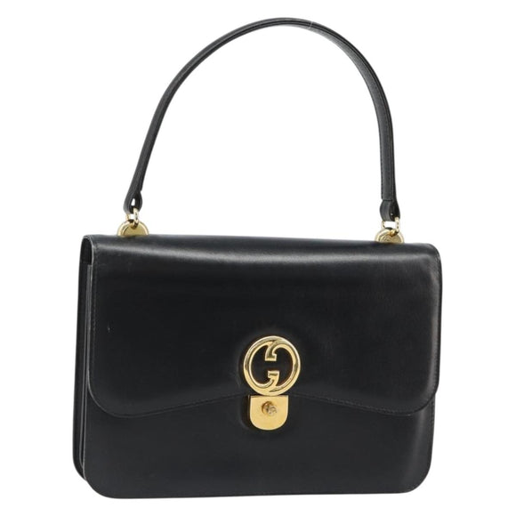 GUCCI Hand Bag Leather Black Gold Auth 186885