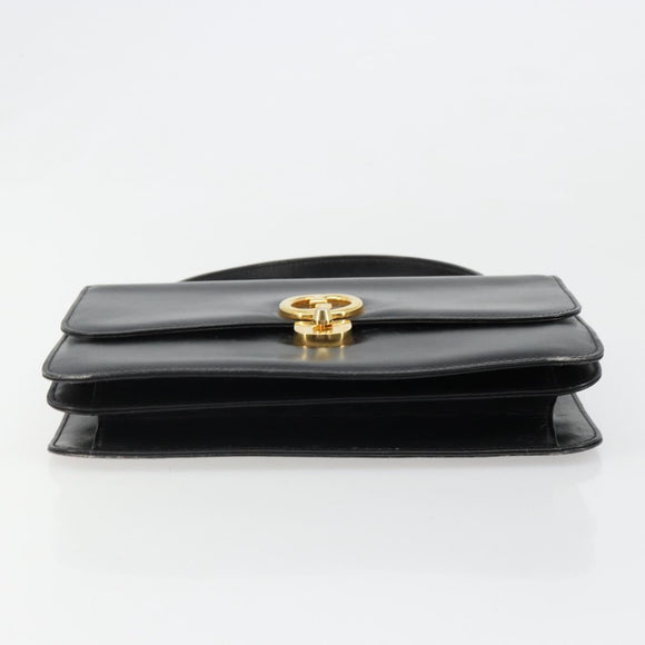 GUCCI Hand Bag Leather Black Gold Auth 186885