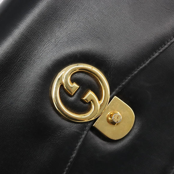 GUCCI Hand Bag Leather Black Gold Auth 186885