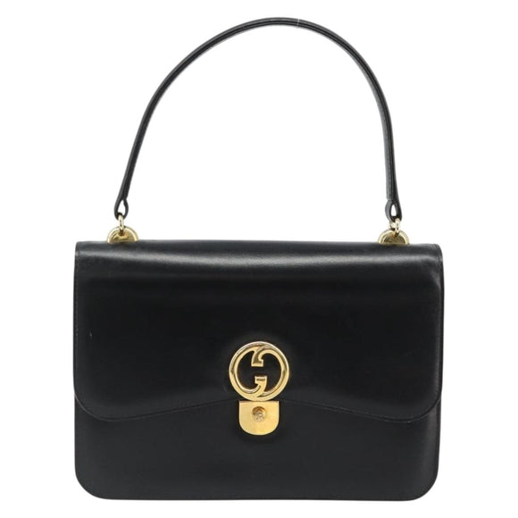 GUCCI Hand Bag Leather Black Gold Auth 186885