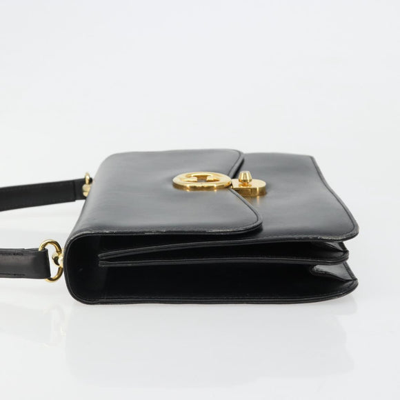 GUCCI Hand Bag Leather Black Gold Auth 186885