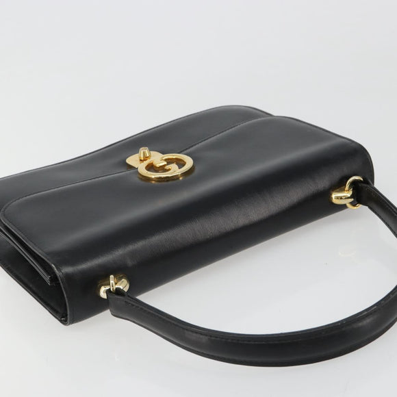 GUCCI Hand Bag Leather Black Gold Auth 186885