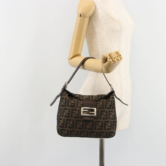 FENDI Zucca Canvas Mamma Baguette Shoulder Bag Black Brown Auth 186886V