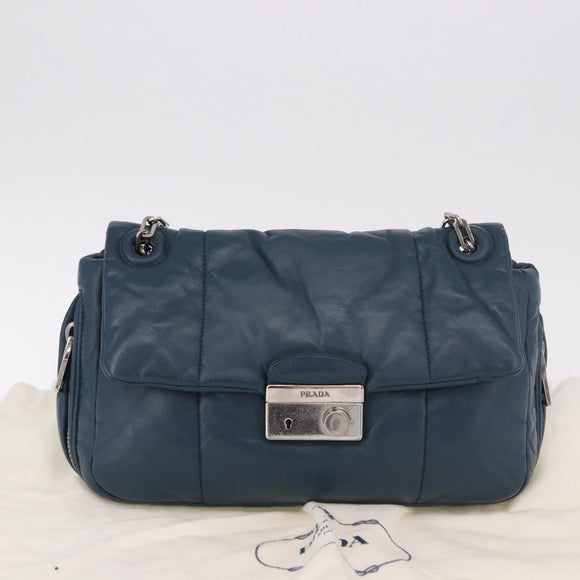 PRADA Chain Shoulder Bag Leather Blue Silver Auth 186890V