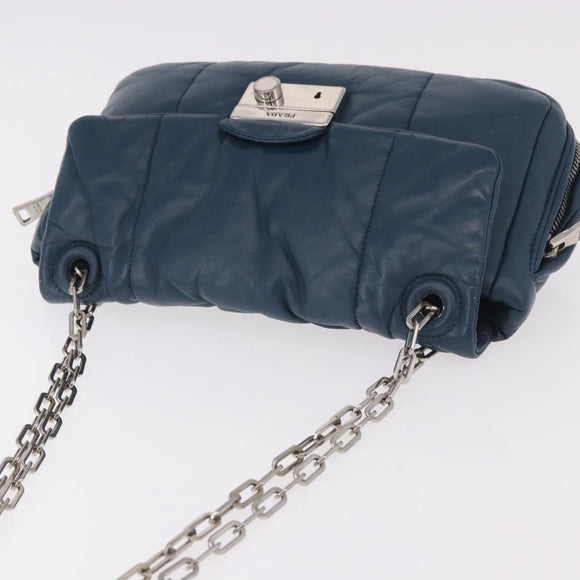 PRADA Chain Shoulder Bag Leather Blue Silver Auth 186890V