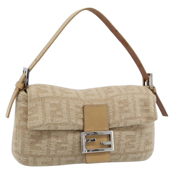 FENDI Zucca Canvas Mamma Baguette Shoulder Bag Felt Beige Silver Auth 186896SAM
