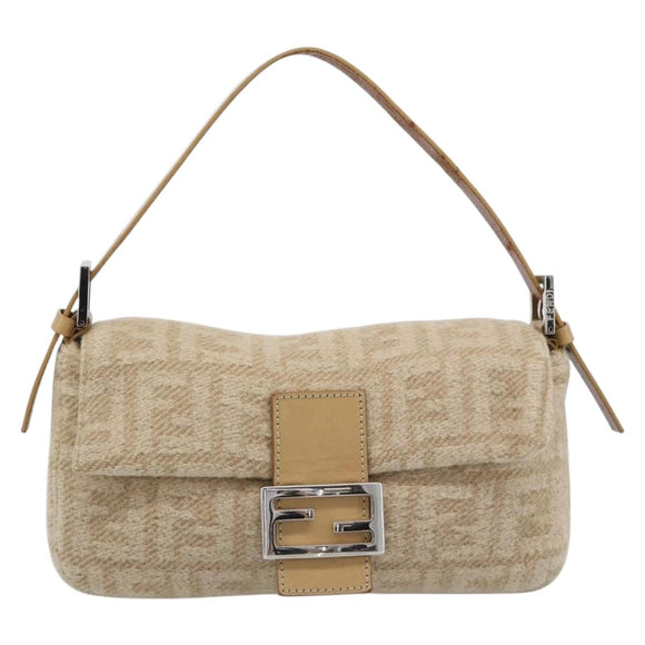 FENDI Zucca Canvas Mamma Baguette Shoulder Bag Felt Beige Silver Auth 186896SAM