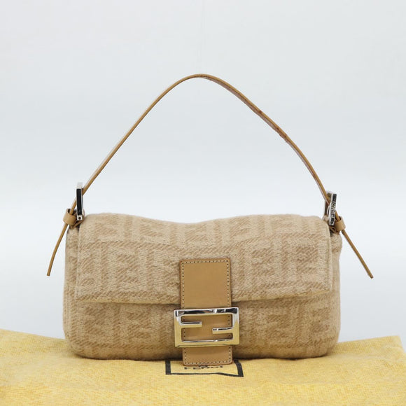 FENDI Zucca Canvas Mamma Baguette Shoulder Bag Felt Beige Silver Auth 186896SAM