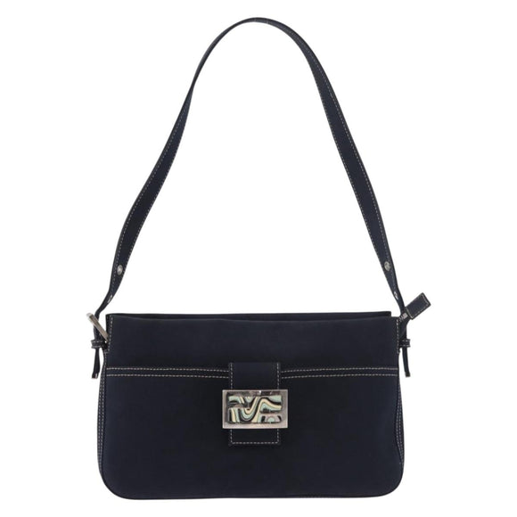 FENDI Mamma Baguette Shoulder Bag Canvas Navy Silver Auth 186897V