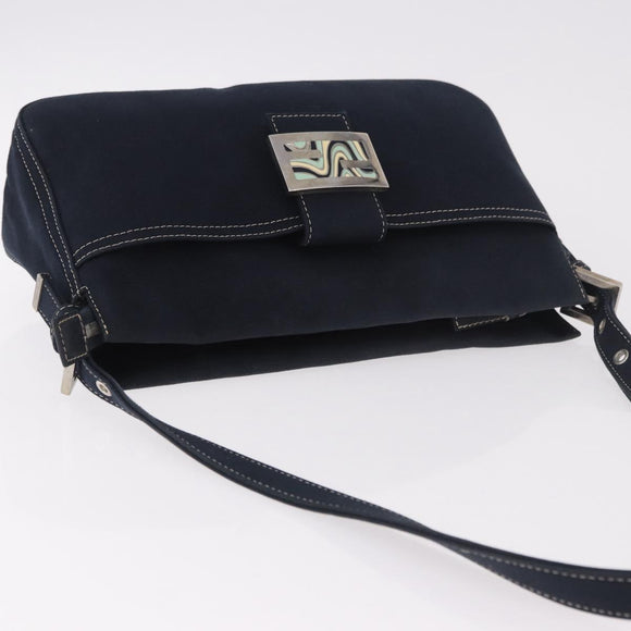 FENDI Mamma Baguette Shoulder Bag Canvas Navy Silver Auth 186897V