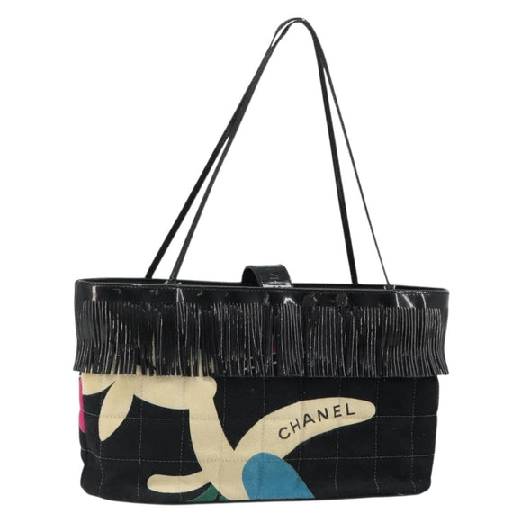 CHANEL Choco Bar Hand Bag Canvas Black Silver CC Auth 186899
