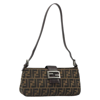 FENDI Zucca Canvas Mamma Baguette Shoulder Bag Black Brown Auth 186900SAM