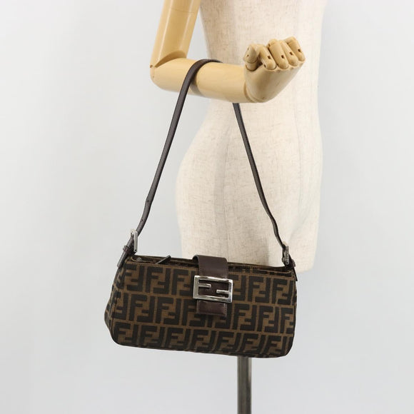 FENDI Zucca Canvas Mamma Baguette Shoulder Bag Black Brown Auth 186900SAM