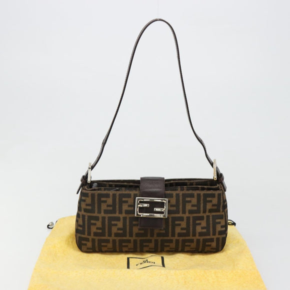 FENDI Zucca Canvas Mamma Baguette Shoulder Bag Black Brown Auth 186900SAM