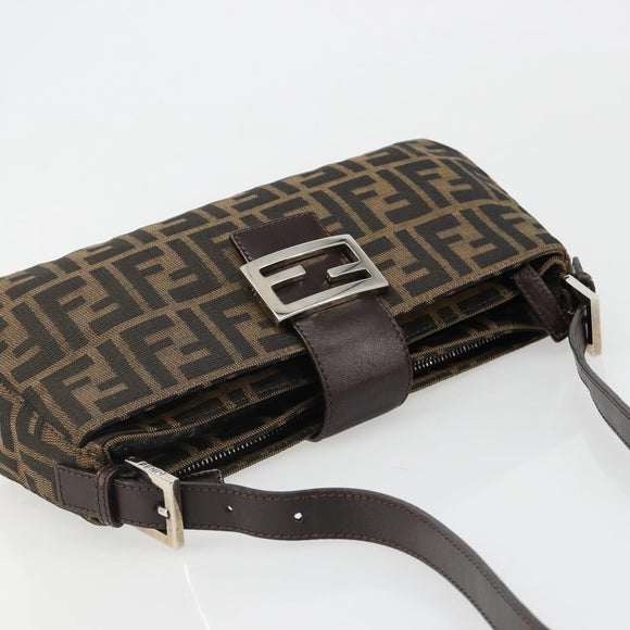 FENDI Zucca Canvas Mamma Baguette Shoulder Bag Black Brown Auth 186900SAM