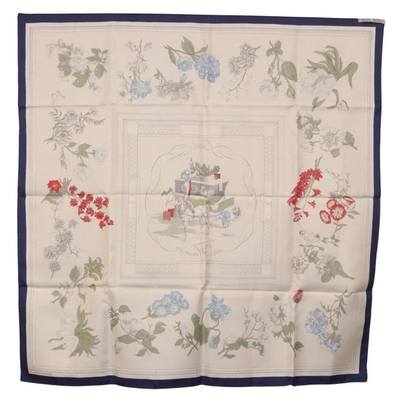HERMES Carre 90 Scarf ""Quai aux Fleurs"" Silk Blue White Auth 186912M