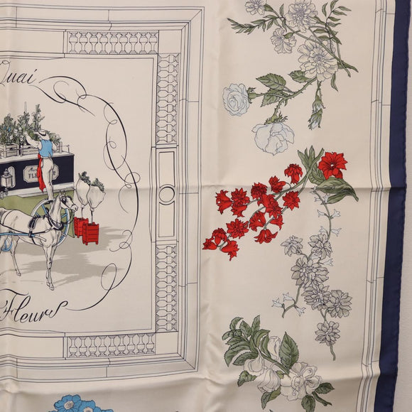 HERMES Carre 90 Scarf ""Quai aux Fleurs"" Silk Blue White Auth 186912M