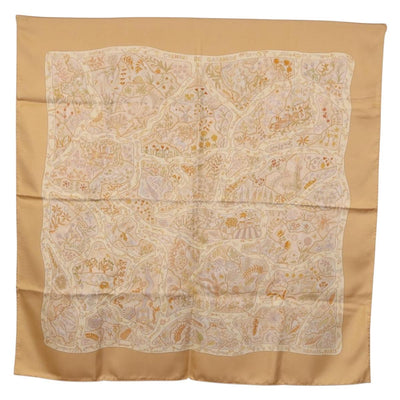 HERMES Carre 90 Scarf ""Chemins de Garrigue"" Silk Beige Yellow Auth 186915M