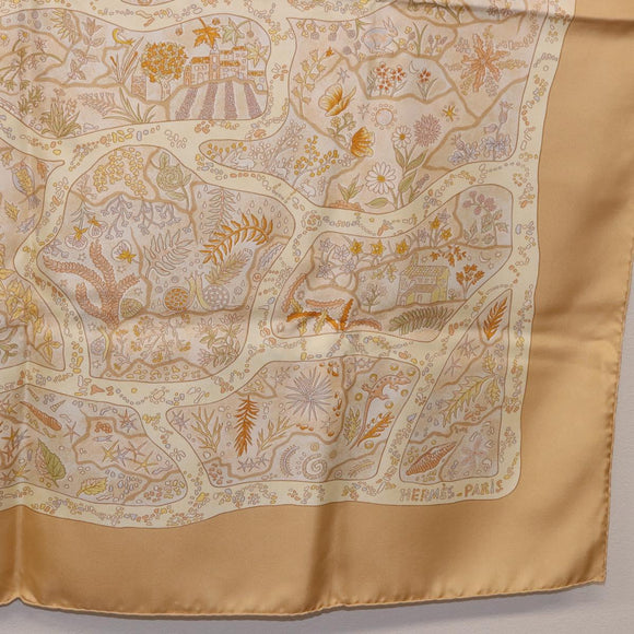 HERMES Carre 90 Scarf ""Chemins de Garrigue"" Silk Beige Yellow Auth 186915M
