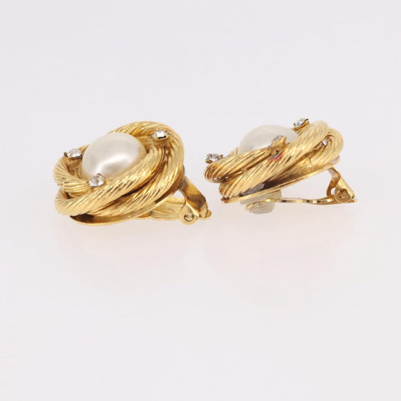 CHANEL Pearl Earring Metal Gold White CC Auth 186929