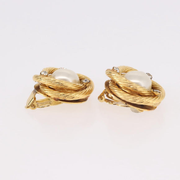 CHANEL Pearl Earring Metal Gold White CC Auth 186929