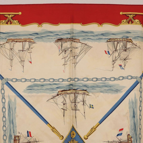 HERMES Carre 90 Scarf Silk Beige Red Auth 186939