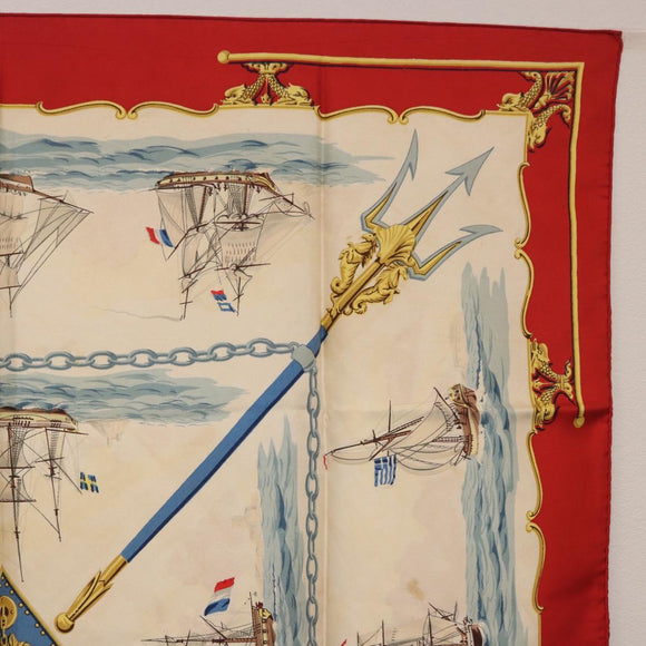 HERMES Carre 90 Scarf Silk Beige Red Auth 186939